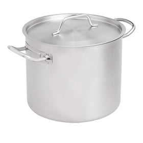 Amazon Basics 12-quart stock pot with lid, ideal for simmering soups.