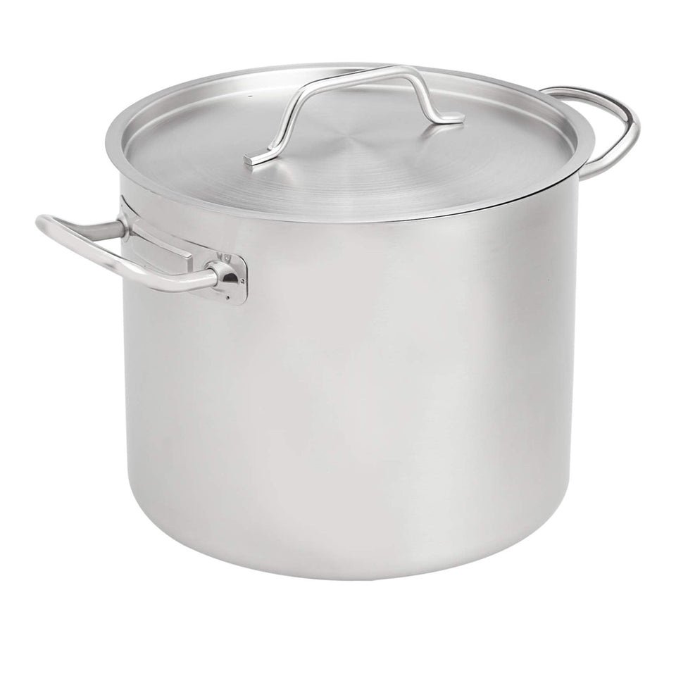 Amazon Basics 12-quart stock pot with lid, ideal for simmering soups.