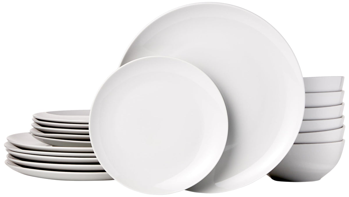 Amazon Basics 18-piece set: durable, dishwasher-safe white porcelain.
