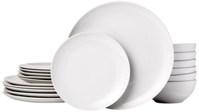 Amazon Basics 18-piece set: durable, dishwasher-safe white porcelain.