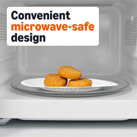 Amazon Basics 9-inch white plate close-up texture showing natural uncoated surface.