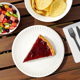 Amazon Basics 9-inch white plate is microwave-safe for quick reheating.