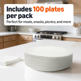 Amazon Basics 9-inch white plate on a picnic table at an outdoor party setting.