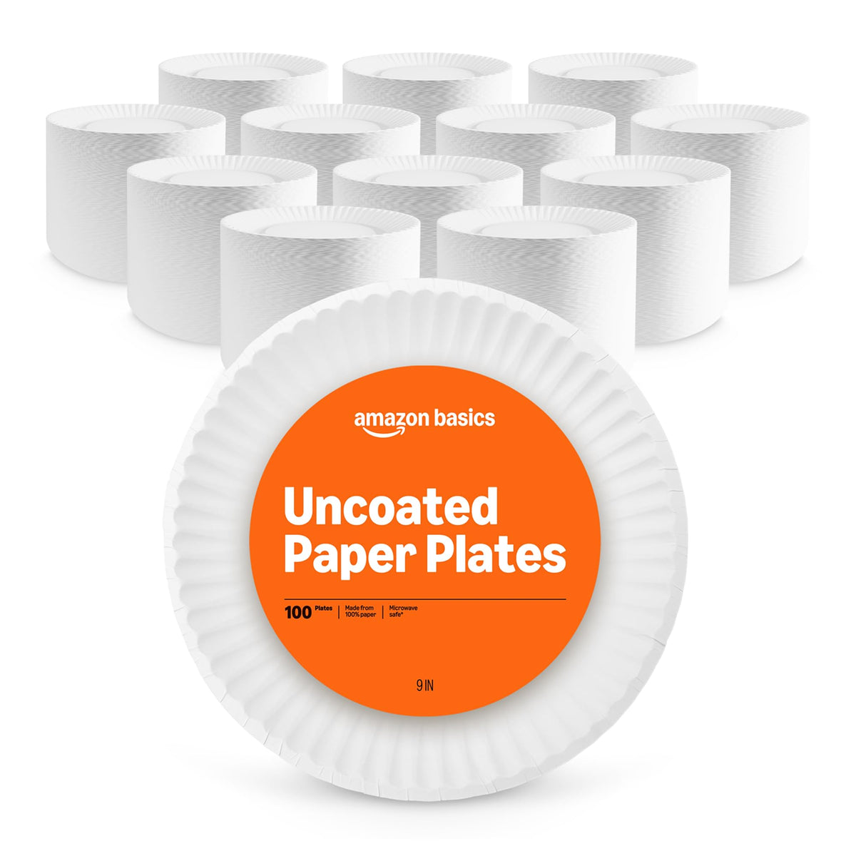 Amazon Basics 9-inch white plates stacked for a clean table setting, ideal for casual meals.