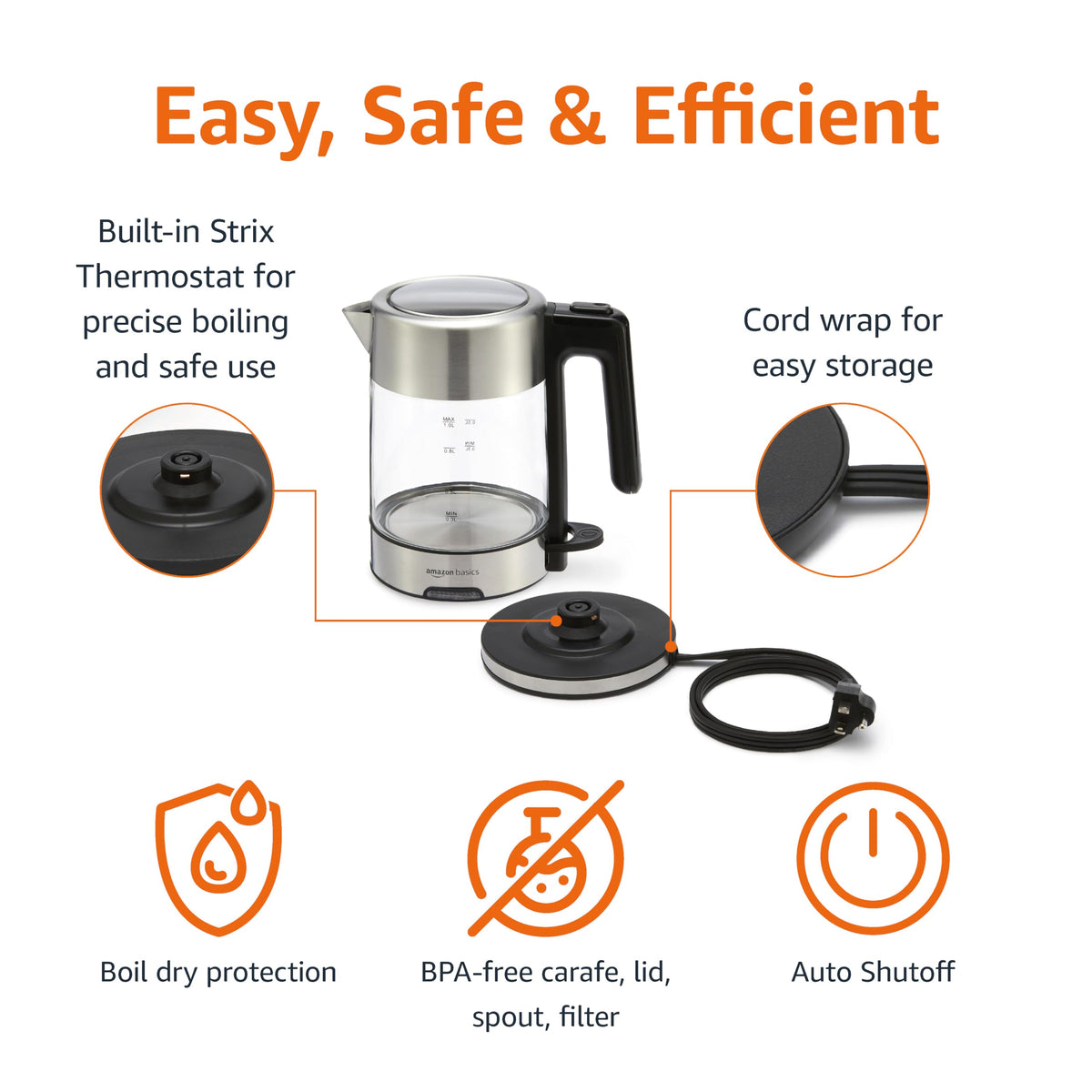 Amazon Basics BPA-free kettle with water level indicator helps measure servings
