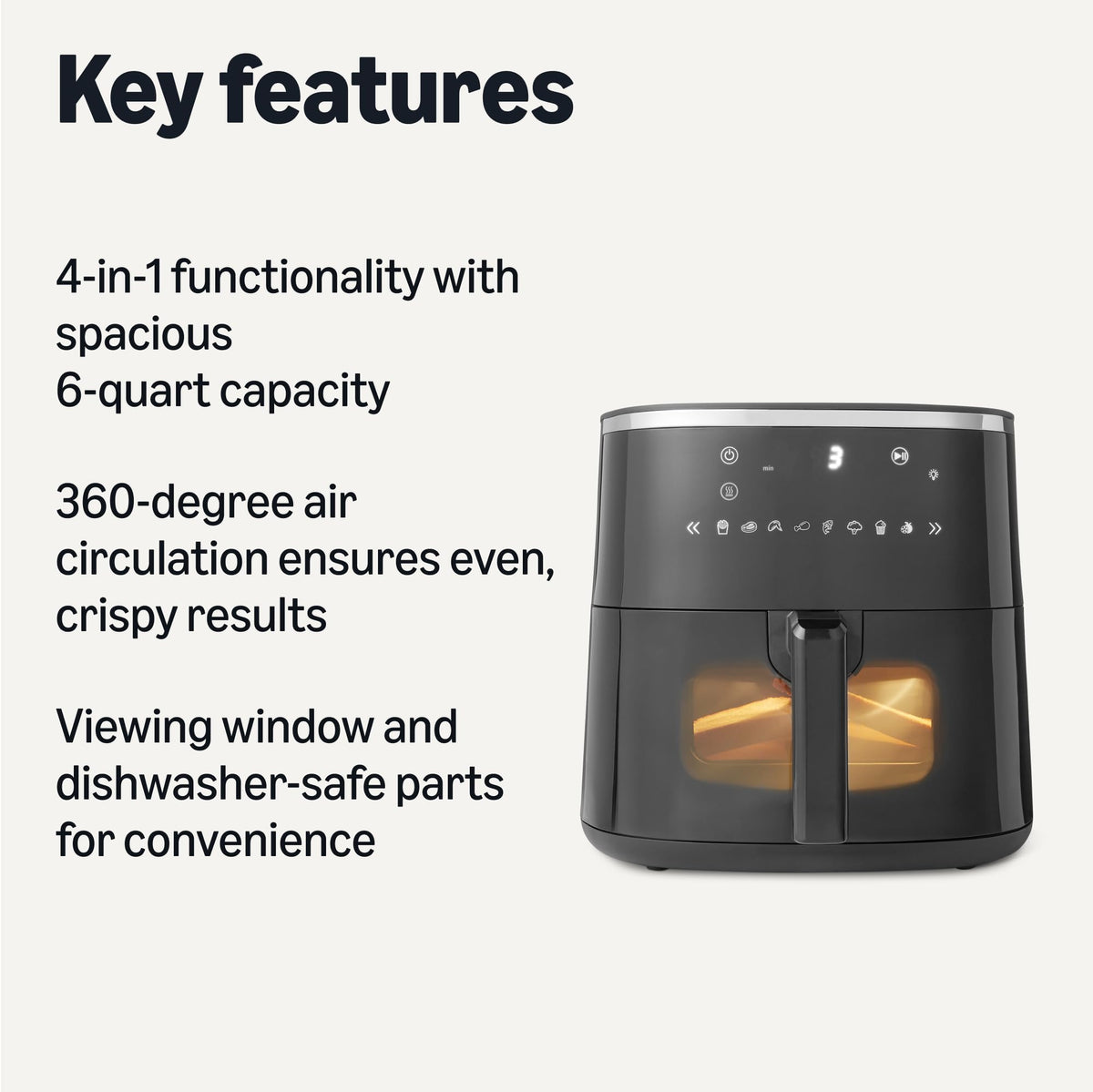 Amazon Basics air fryer with 8 presets for simple cooking