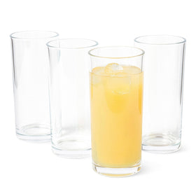 Amazon Basics 15 oz drinking glass close-up, sturdy clear glass ideal for everyday beverages.