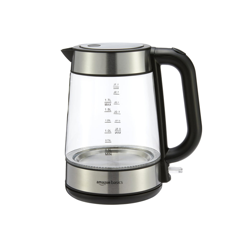 Amazon Basics electric kettle with glass carafe boils water quickly for tea and coffee