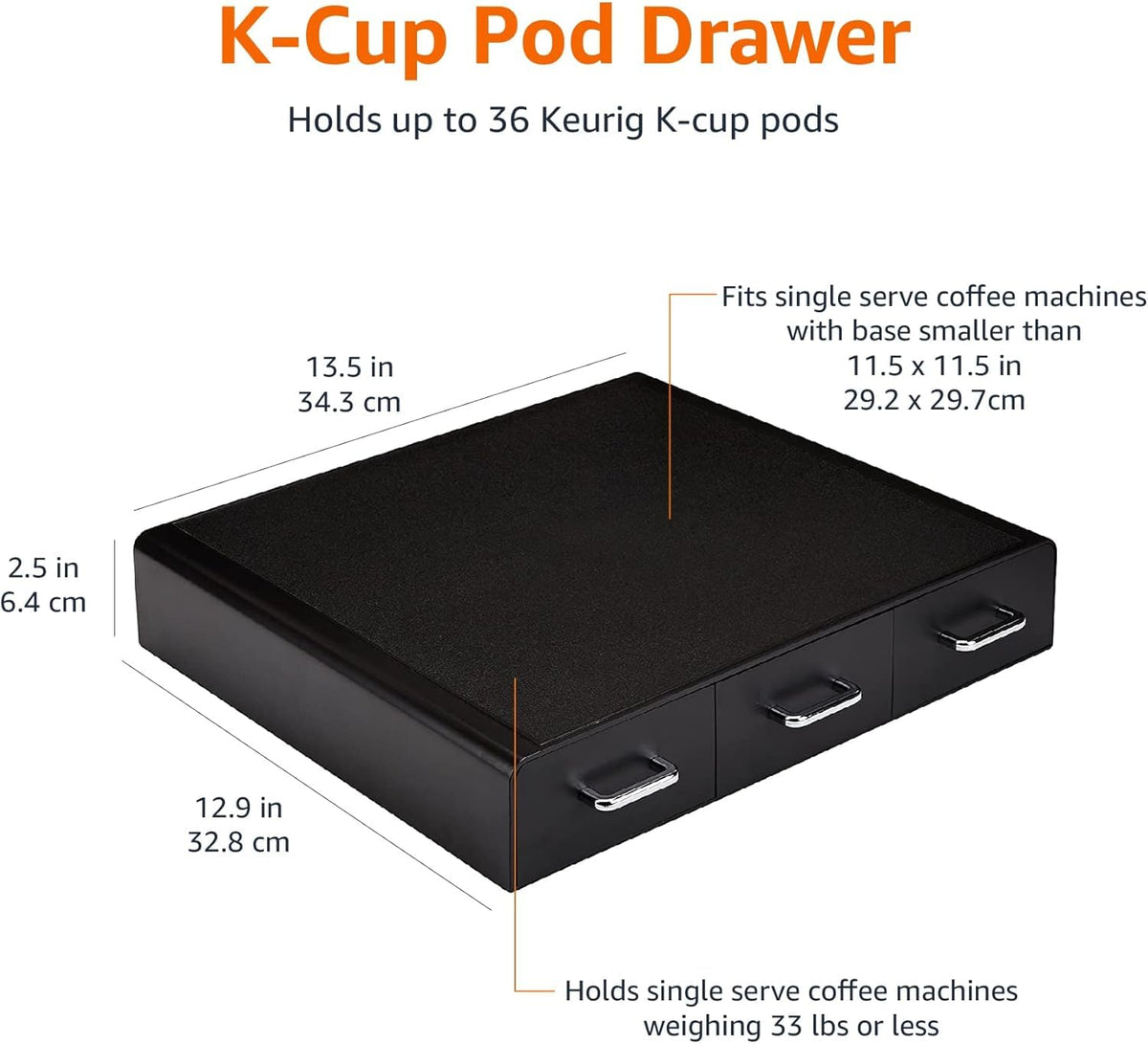 Amazon Basics K-Cup drawer side view shows stable support for heavy coffee machines.