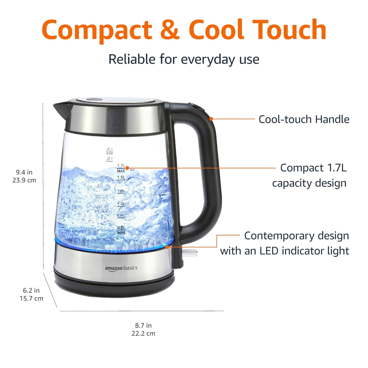 Amazon Basics kettle with blue LED lighting enhances boiling visibility and kitchen ambiance