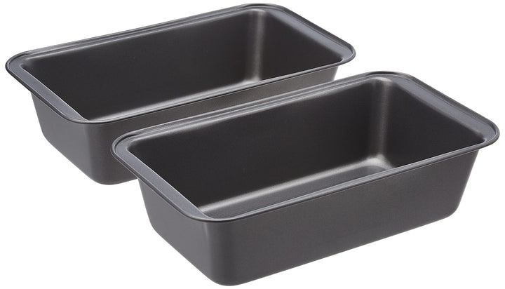 Amazon Basics nonstick bread loaf pan outer view, durable steel for even browning.