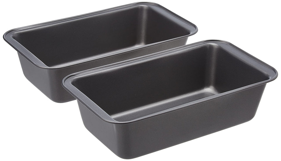 Amazon Basics nonstick bread loaf pan outer view, durable steel for even browning.