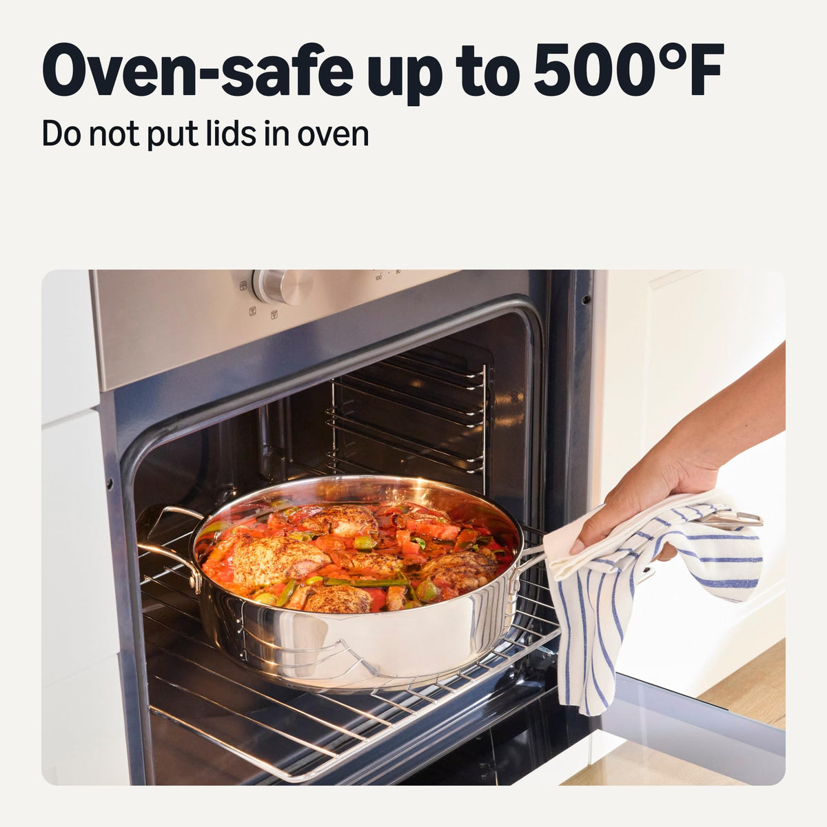 Amazon Basics stainless steel cookware shown on stove with even heat distribution