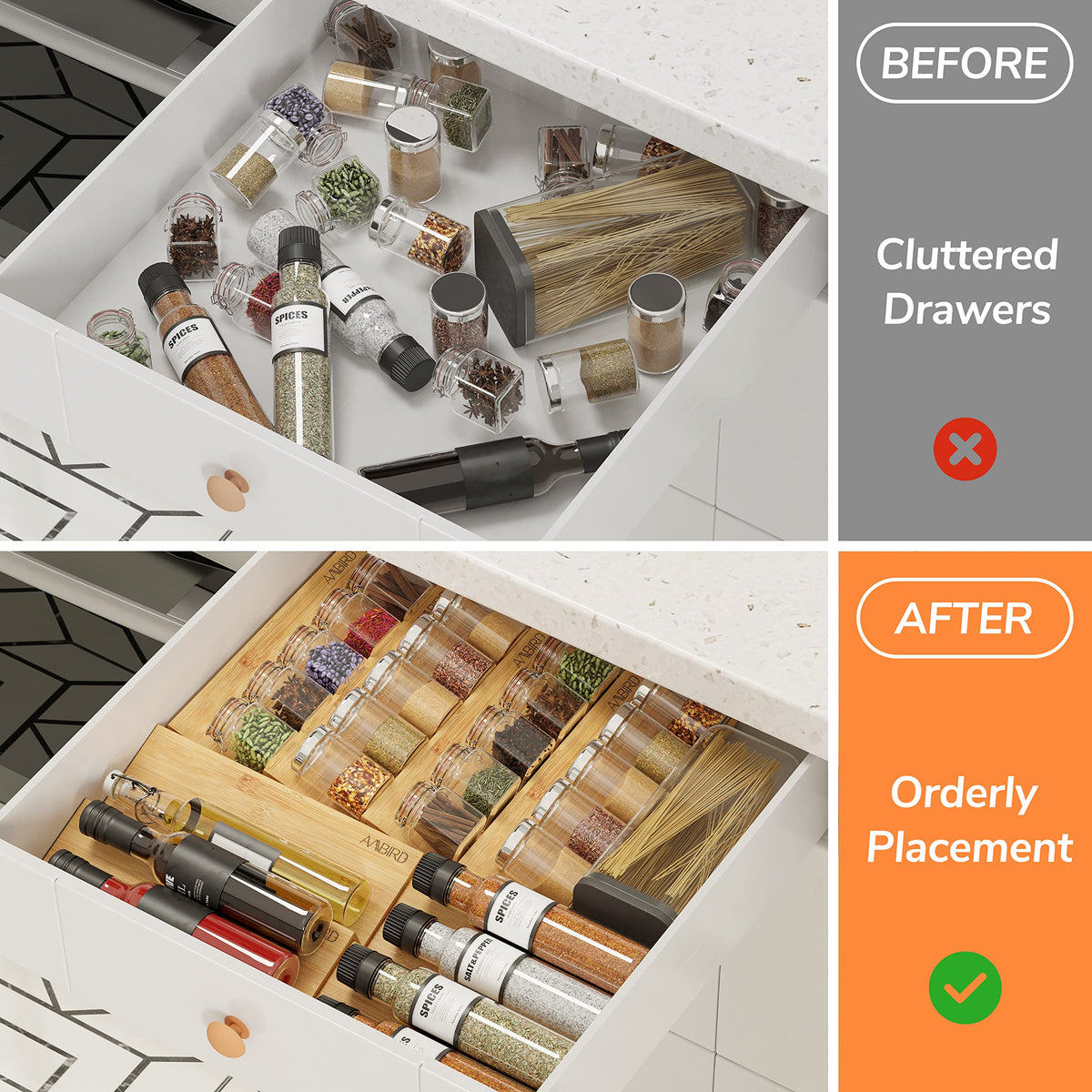 AMBIRD bamboo finish adds an elegant touch to kitchen storage.