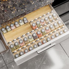AMBIRD bamboo spice drawer organizer 4-tier adjustable width keeps jars accessible.