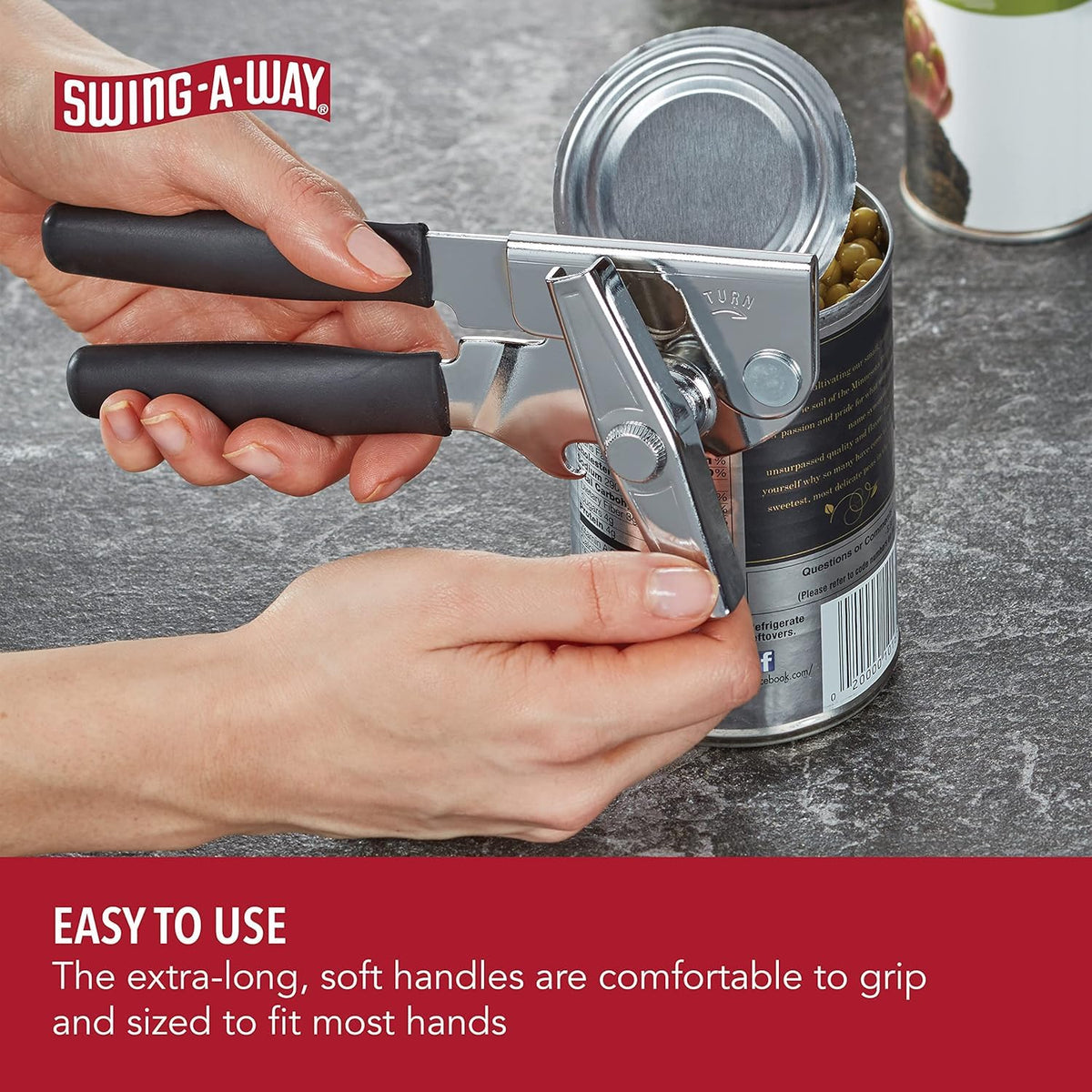 Amco Swing-A-Way can opener steel black packaging ready for gifting or storage.