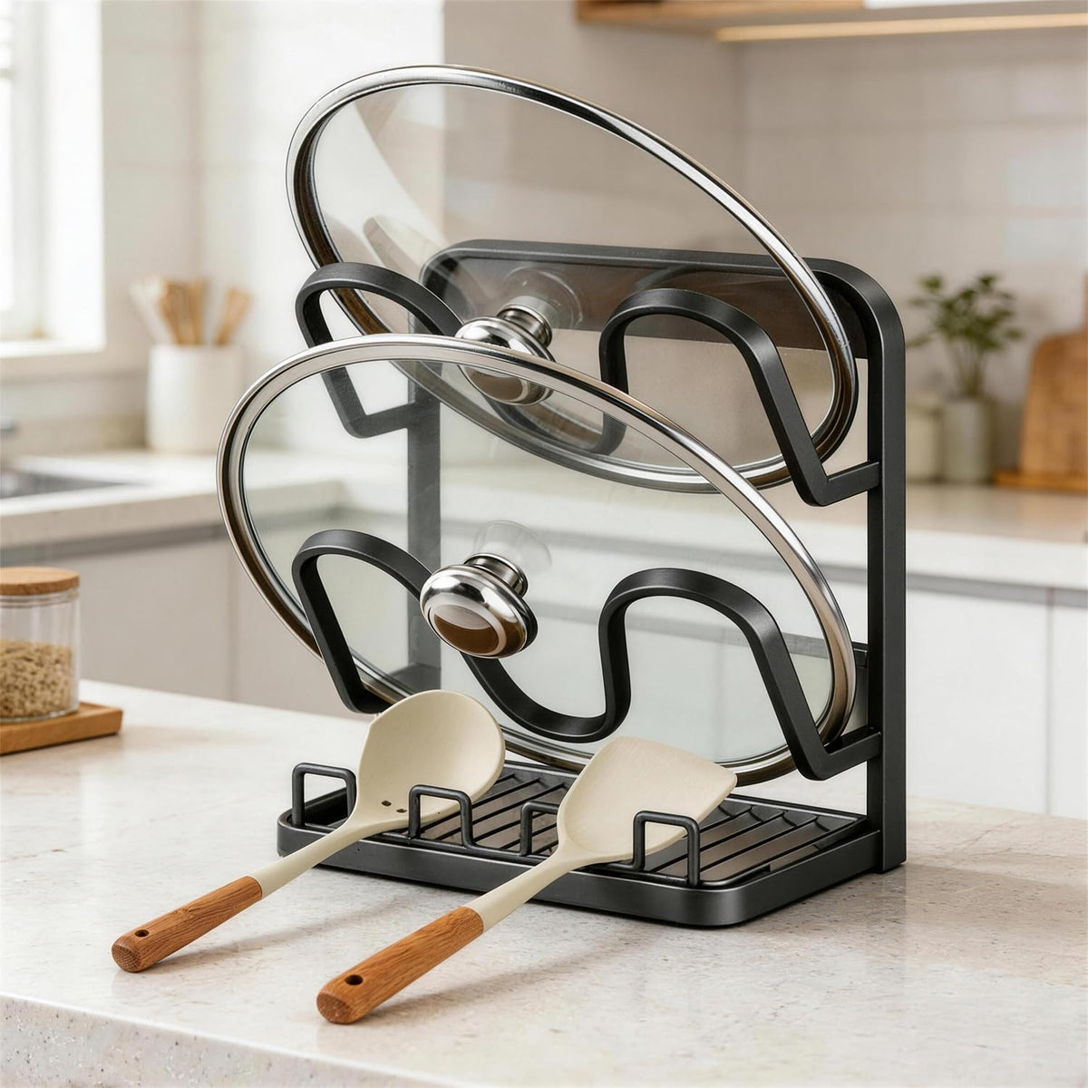 AMDISI pot lid storage rack vertical design supports two lids for a tidy counter