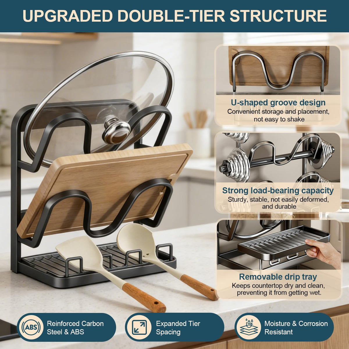 AMDISI pot lid storage rack fits lids 7.5 to 14 inches for versatility