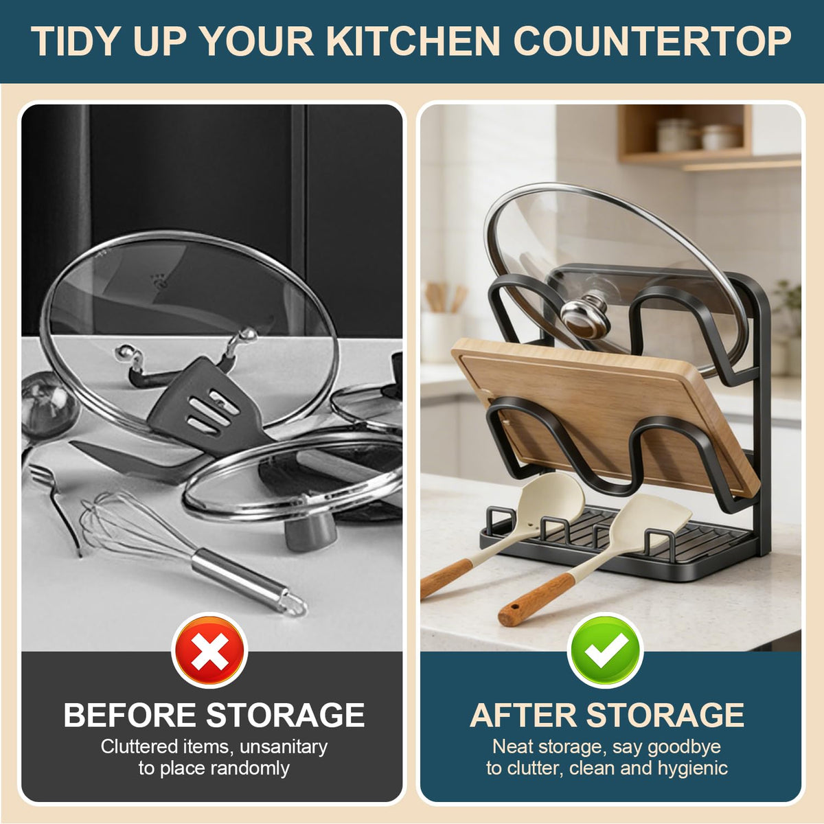 AMDISI pot lid storage rack with removable drip tray for easy cleaning