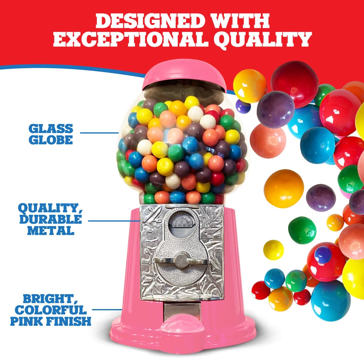 American Gumball Company pink metal gumball machine included storage for gumballs candies or nuts.