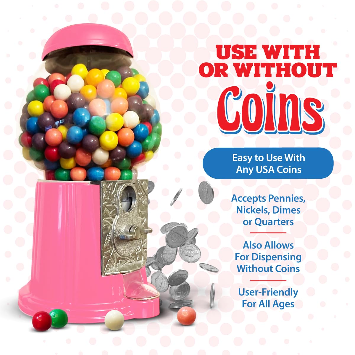 American Gumball Company pink metal gumball machine ideal party centerpiece with colorful snacks.