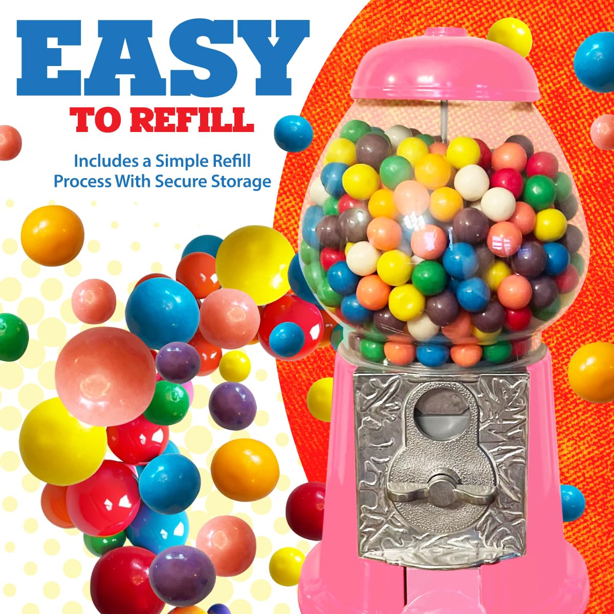 American Gumball Company pink metal gumball machine refill access for quick snack restocks.