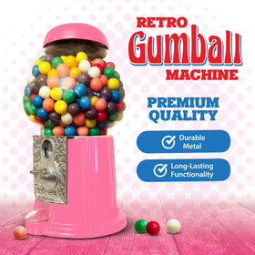 American Gumball Company pink metal gumball machine side view showing compact ornamental dispenser.