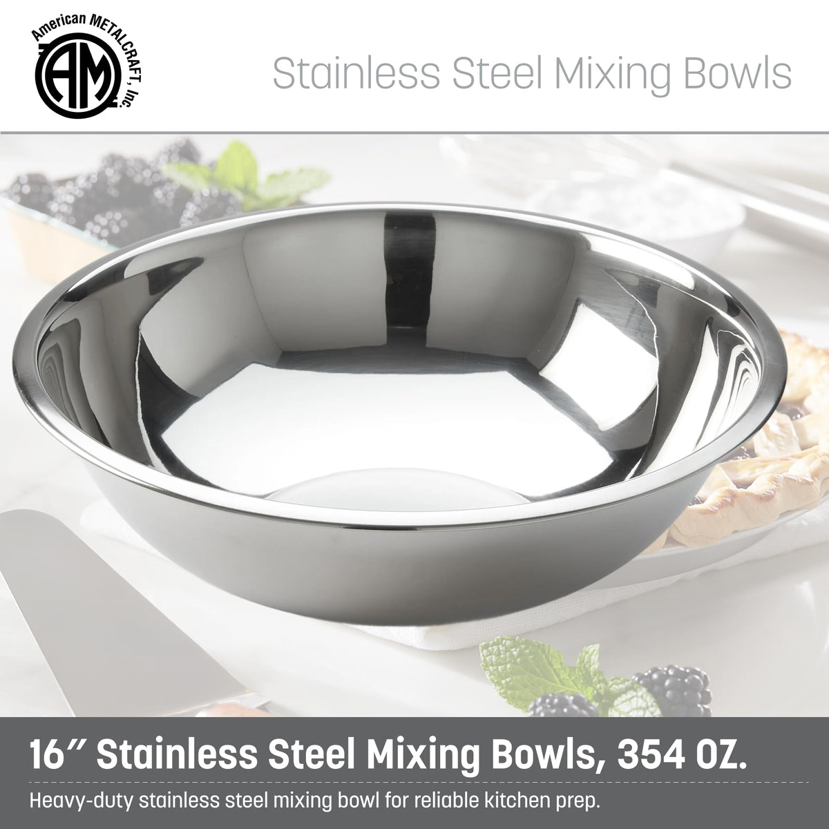 American Metalcraft large-capacity mixing bowl in durable rust-resistant stainless steel for dough prep and batters.