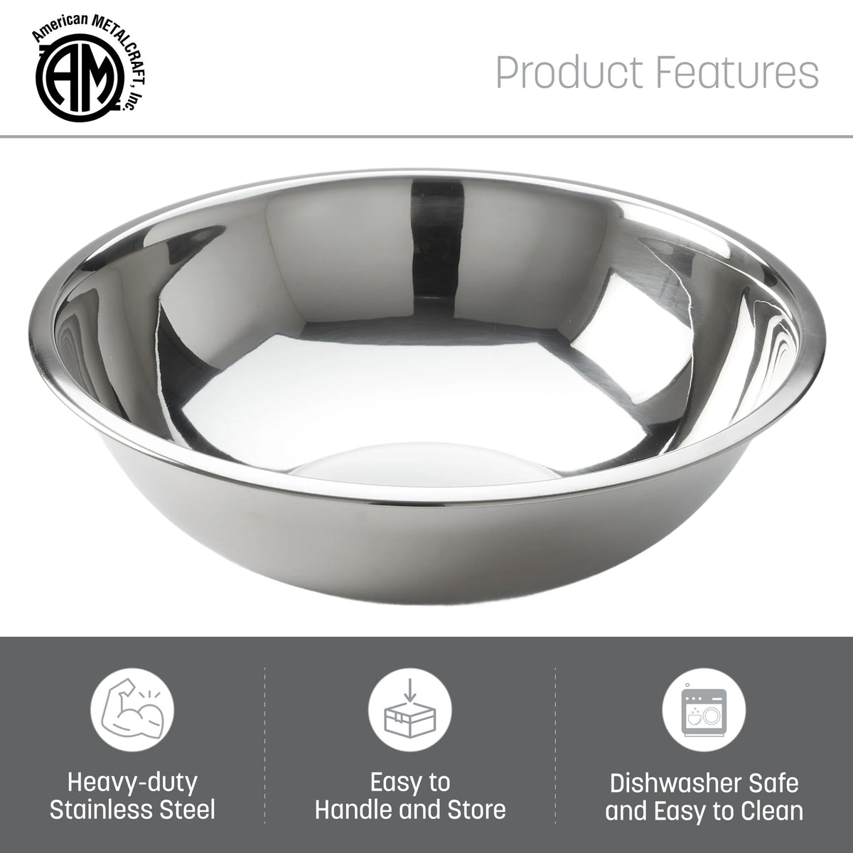American Metalcraft 16-inch bowl showing rust-resistant stainless steel surface for everyday use.