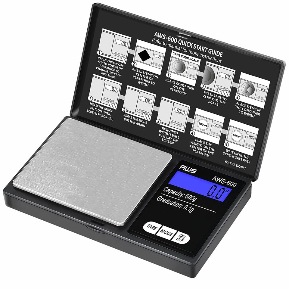 American Weigh Scales AWS-600 front view; compact pocket scale for on-the-go accuracy.