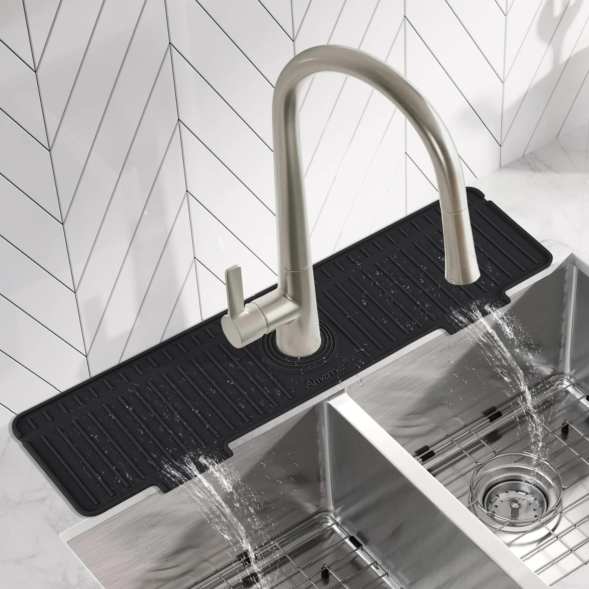 Amerner black silicone sink mat adds a sleek, modern touch
