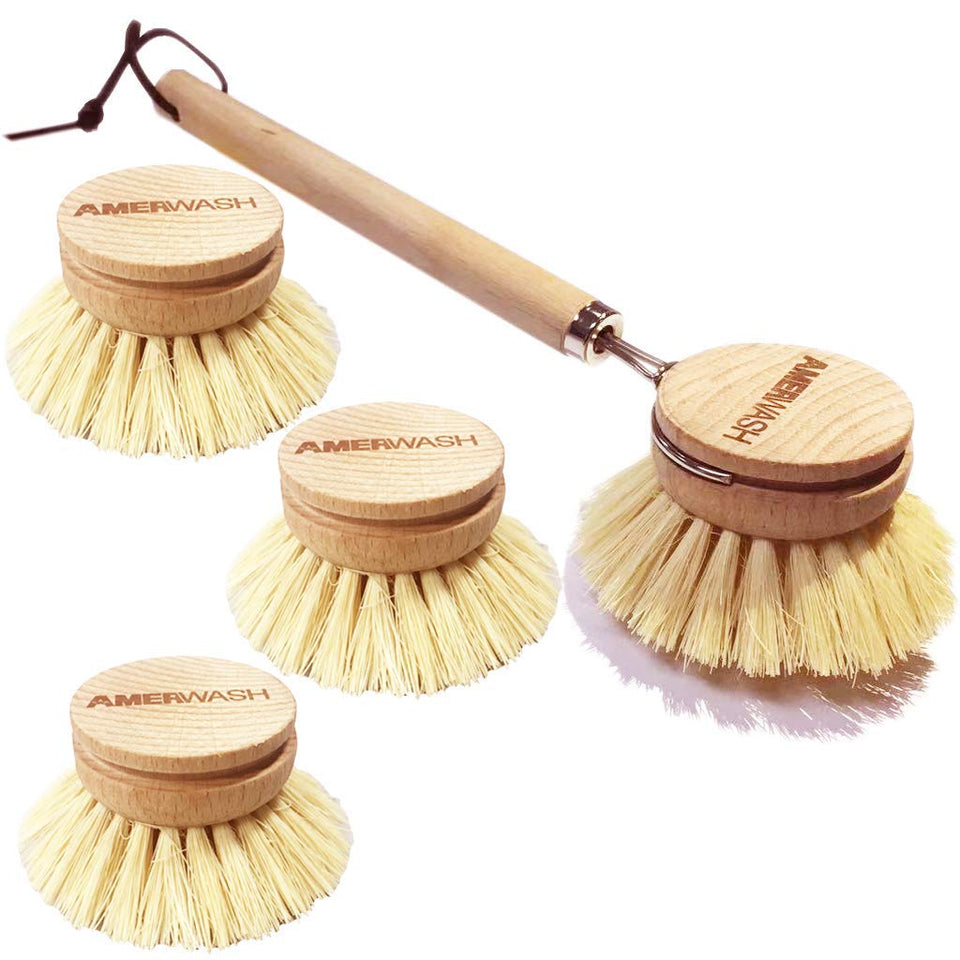 AMERWASH PLUS dish brush with wooden handle for deep cleaning of dishes.