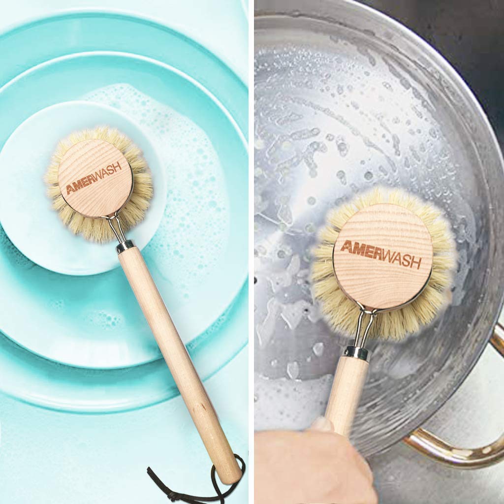 AMERWASH PLUS long-handled dish brush for reaching corners and tight spaces.