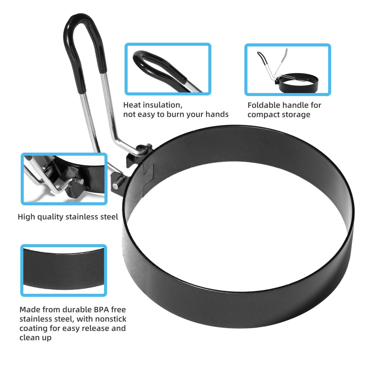 Ameupin 3.5-inch egg ring fits muffins for tidy breakfast sandwiches.