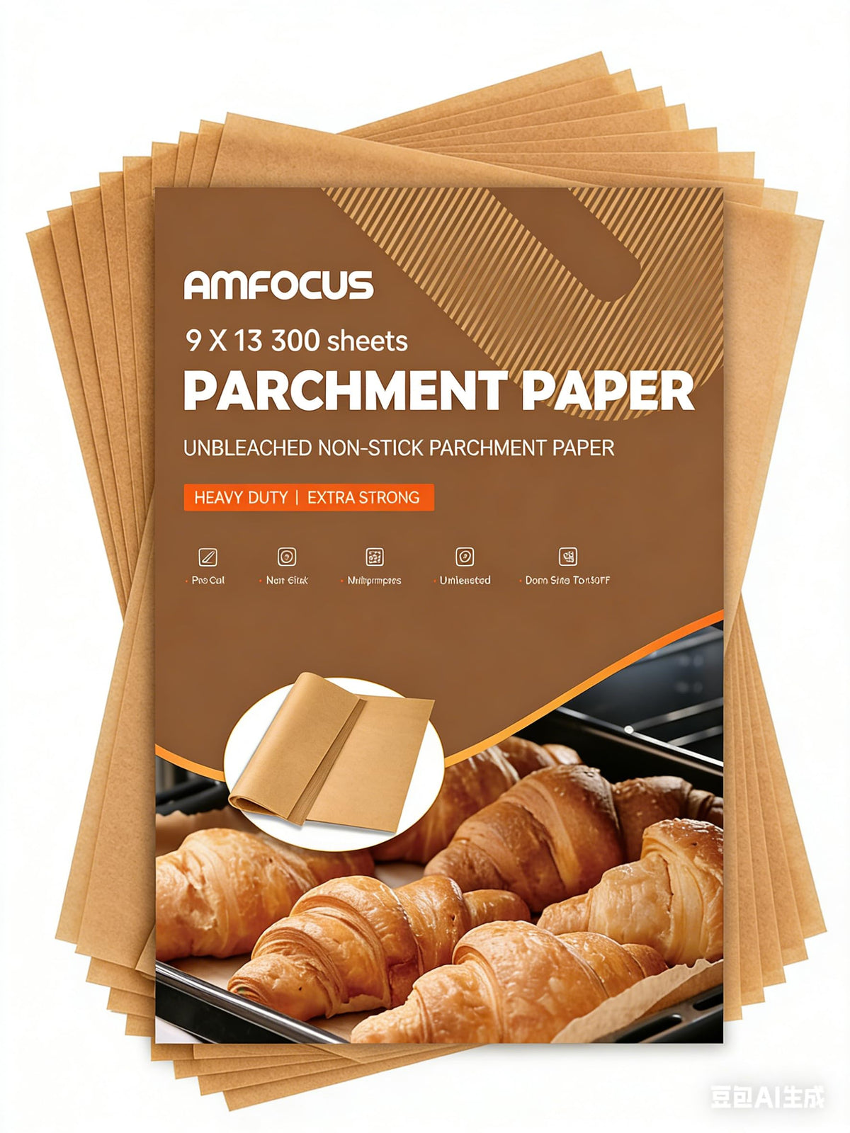AMFOCUS 300-pcs parchment sheets laid flat to prevent curling and ensure even baking.