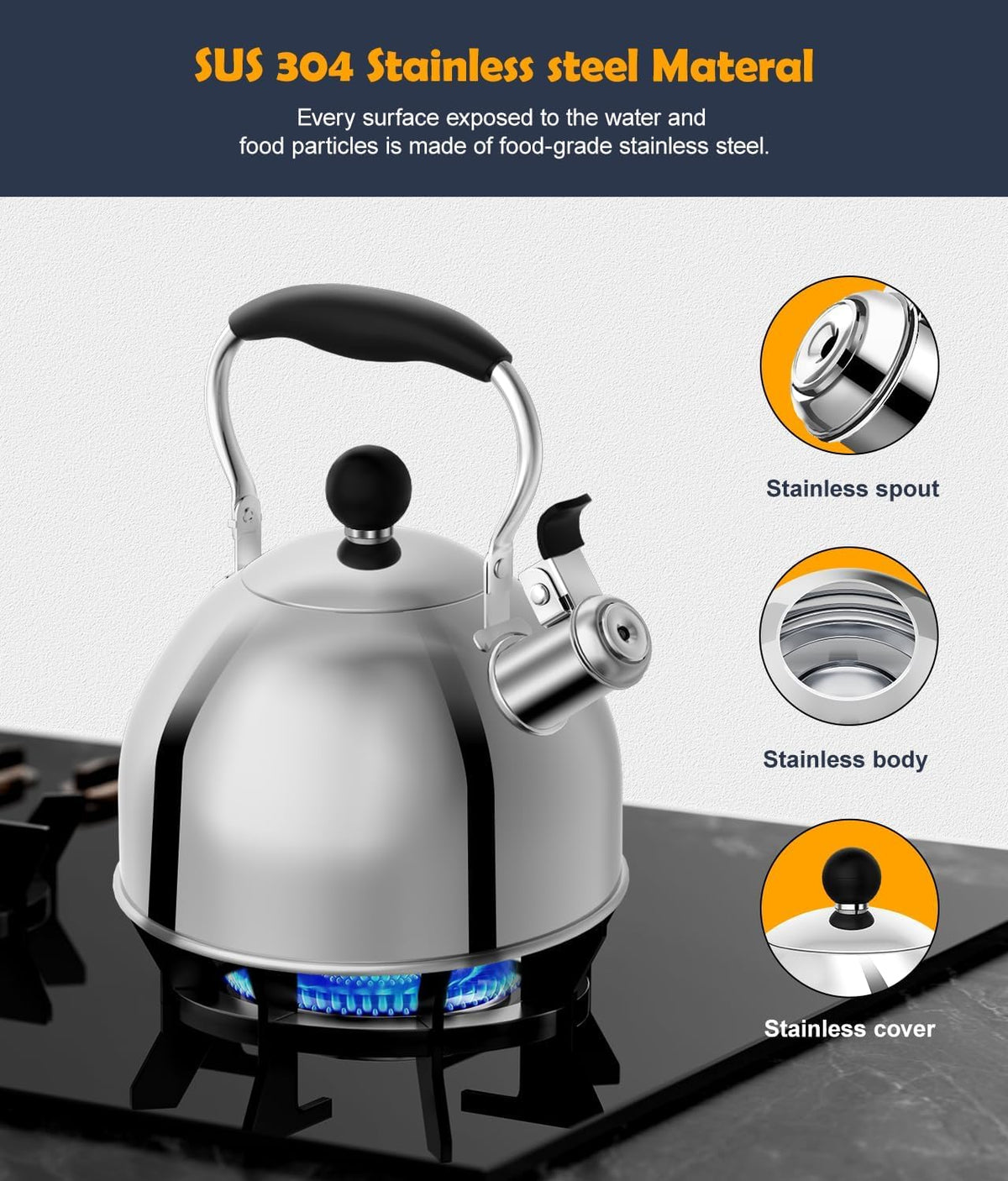 AMFOCUS tea kettle ergonomic folding handle enables easy pouring and storage.