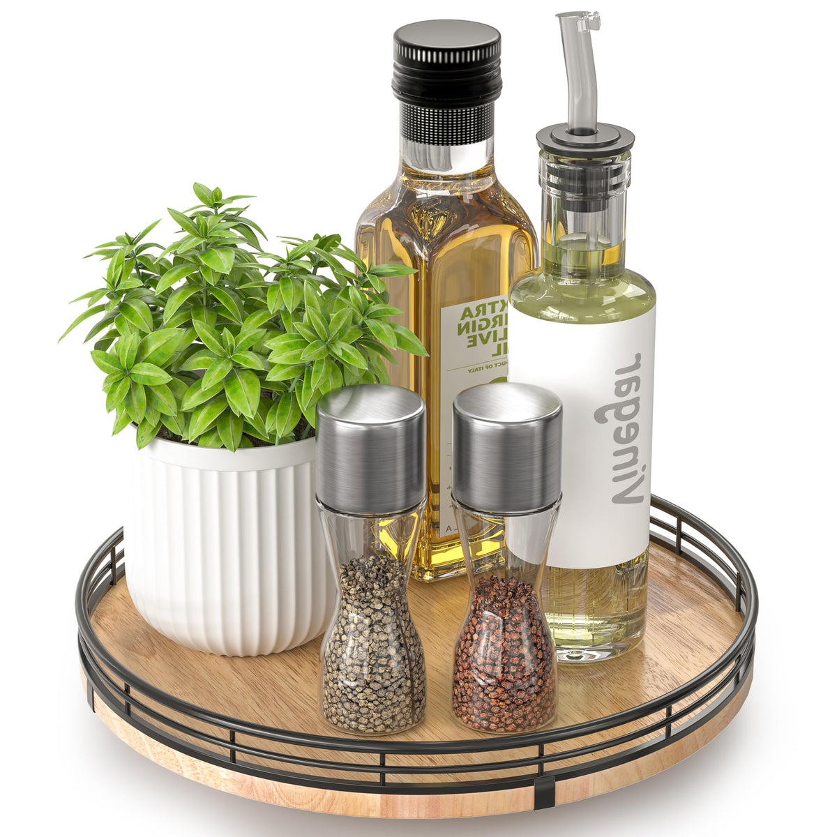 AMH 10in oak Lazy Susan top view highlights easy spice storage and access