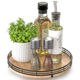 AMH 10in oak Lazy Susan top view highlights easy spice storage and access