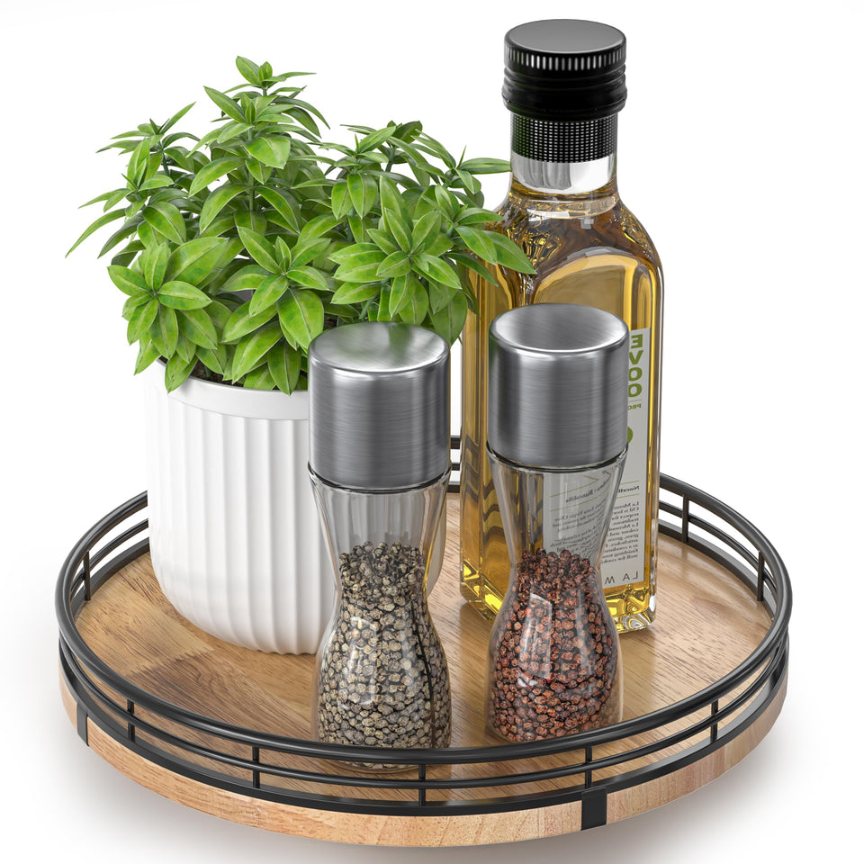 AMH 9inch oak lazy Susan base shown in a cabinet for easy access
