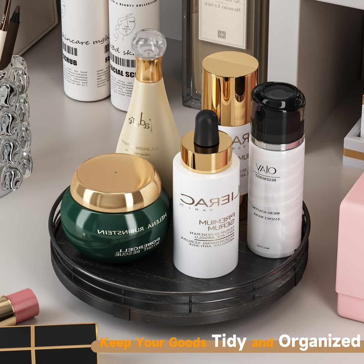 AMH 9-inch oak vanity turntable 360 rotation enables easy access to cosmetics