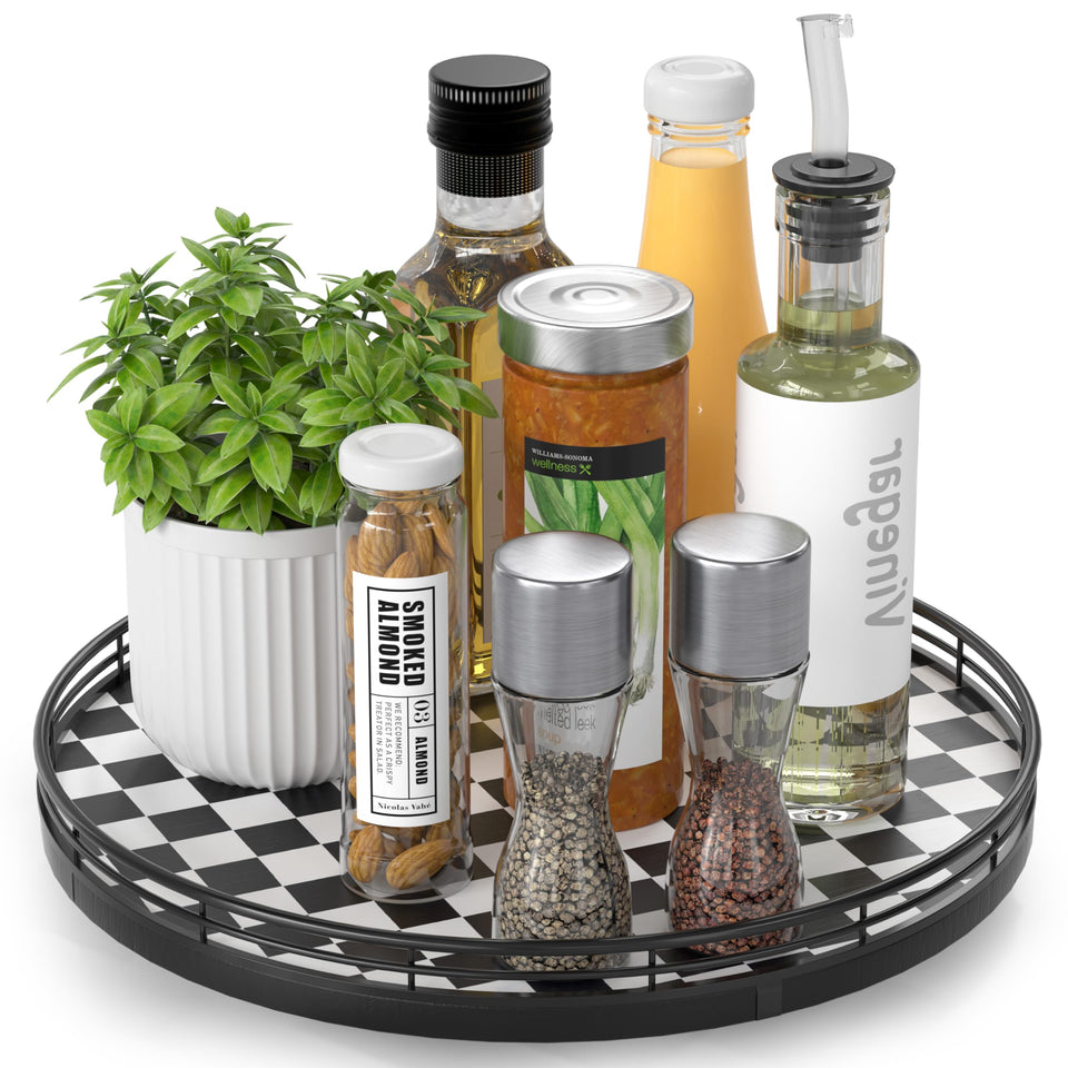 AMH black and white lazy susan 12in with sturdy iron frame for easy access.