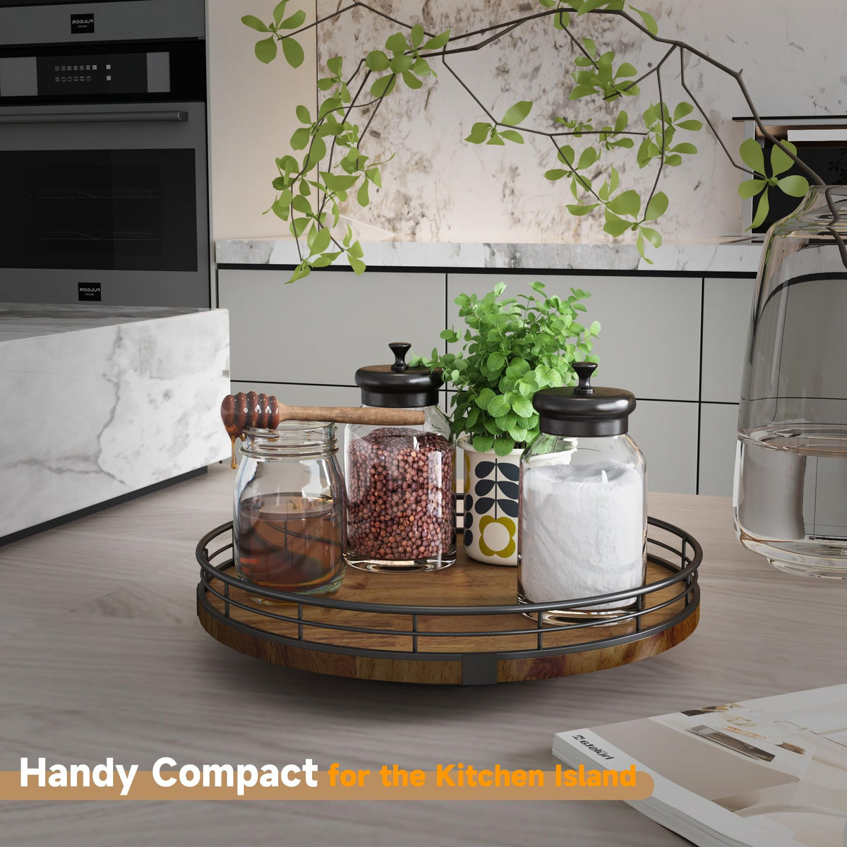 AMH farmhouse oak lazy susan on dining table adds elegant, practical centerpiece.