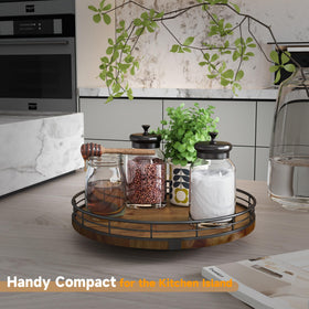 AMH farmhouse oak lazy susan on dining table adds elegant, practical centerpiece.