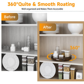 AMH farmhouse oak 10-inch lazy susan beside kitchen counter keeps spices reachable.