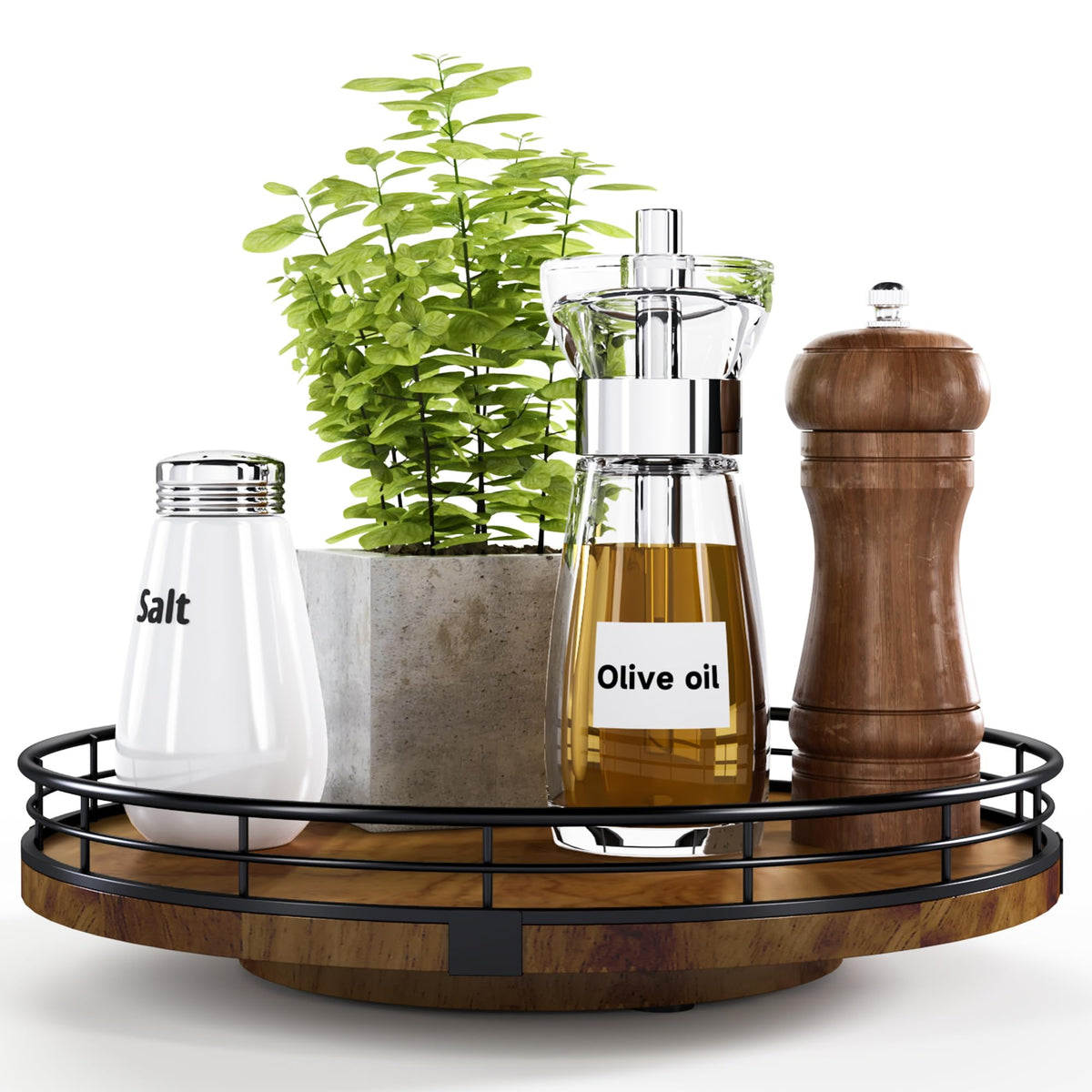 AMH farmhouse oak 10-inch lazy susan in pantry improves accessibility and organization.