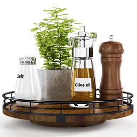 AMH farmhouse oak 10-inch lazy susan in pantry improves accessibility and organization.
