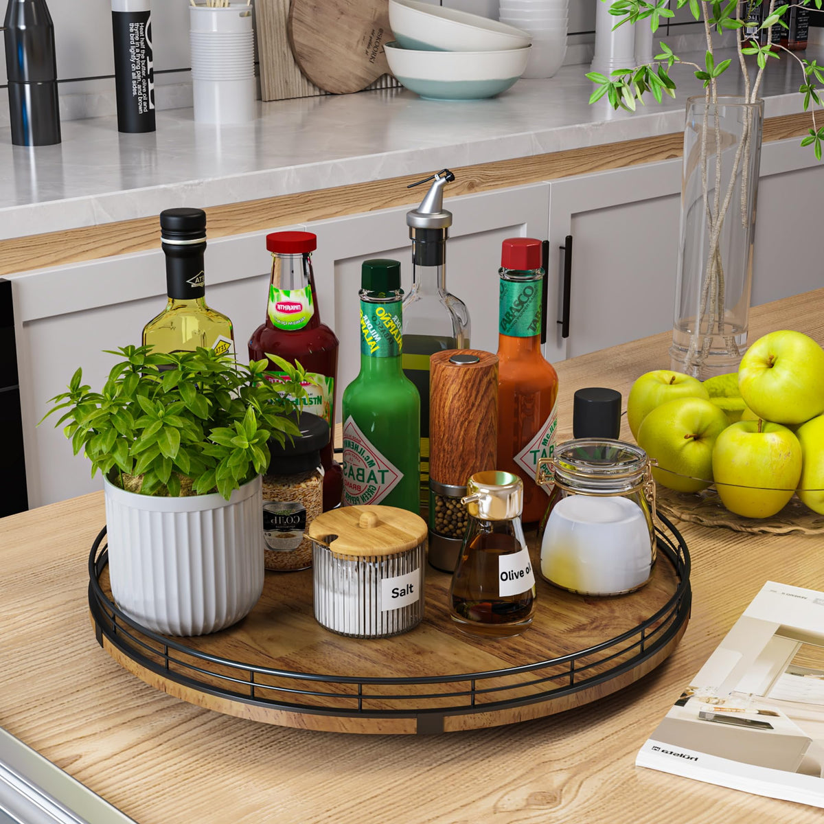 AMH Farmhouse Oak 16-Inch Lazy Susan rotation mechanism provides smooth 360-degree access.