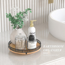 AMH oak lazy Susan on a kitchen countertop keeps napkins and decor within reach
