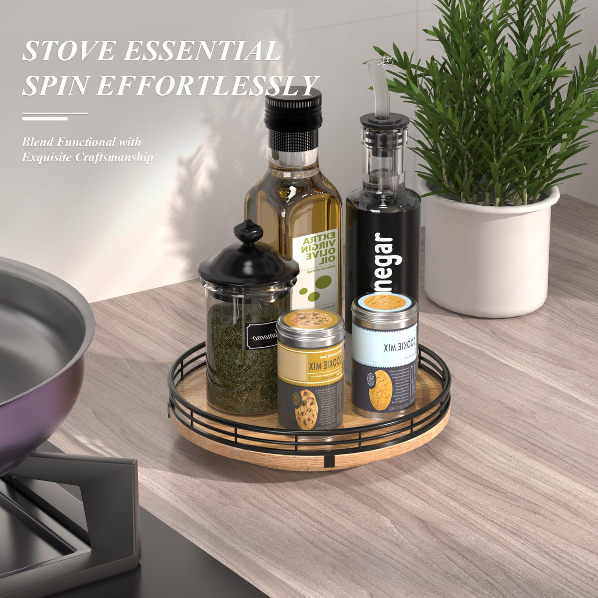 AMH oak lazy Susan spin mechanism enabling smooth 360° access to spices