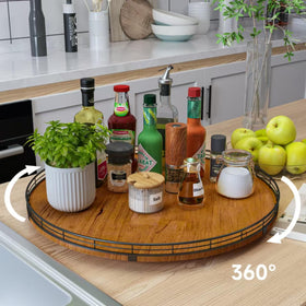 AMH wooden kitchen organizer Lazy Susan demonstrates 360-degree rotation for condiments and spices